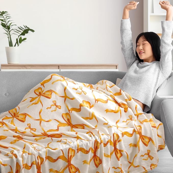 Orange Bow Throw Blanket 50"x60" Soft Flannel for Girls Women | Coquette Aesthetic Decor with Ruffled Edges, Ultra Plush Bed Sofa Blanket, Preppy Gift for Teens, Back to School Dorm Room