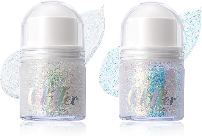2 Colors Roll-on Body Glitter Gel,Holographic Hair Face Glitter Makeup for Women,Festival Rave Accessories Singer Concert Sparkly Chunky Sequins Mermaid Paint
