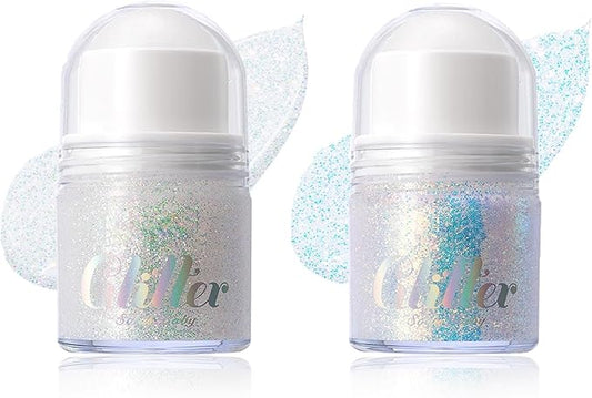 2 Colors Roll-on Body Glitter Gel,Holographic Hair Face Glitter Makeup for Women,Festival Rave Accessories Singer Concert Sparkly Chunky Sequins Mermaid Paint