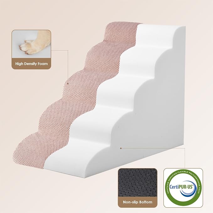 EHEYCIGA Curved Dog Stairs Ramp, 5-Step High Beds, 22.6" H Pet Step | 33D density of pure foam, for Small Dogs and Cats, Pet Stairs for High Bed Climbing, Non-Slip Balanced Indoor, Dusty Pink