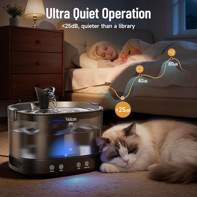 Veken 85oz/2.5L Cordless Cat Water Fountain for Cats, Dogs, Pets, Black | Stainless Steel Tray & Secure Clips, 5200 mAh Battery Operated, Pet Drinking Dispenser, LED Light, Wireless Fountain