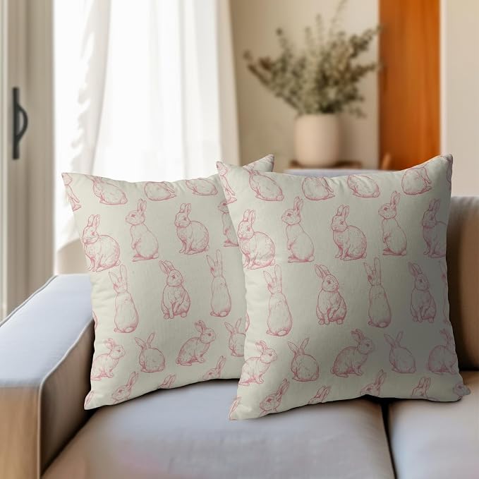 Kawani Easter Decoration Pillow Covers 20x20 in, 2 pcs Pink Cute Rabbits Holiday Decorative Pillow Cases Cotton Linen Cushion Cover for Farmhouse Couch Sofa Rustic Spring Home Decor