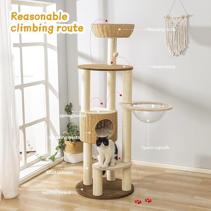 SHODMI 58-Inch Modern Multi-Level Cat Tree Tower for Large Indoor Cats | 8 cm thick sisal posts, semi-enclosed cat condo, clear space capsule, handwoven basket, replaceable plush and cooling mats