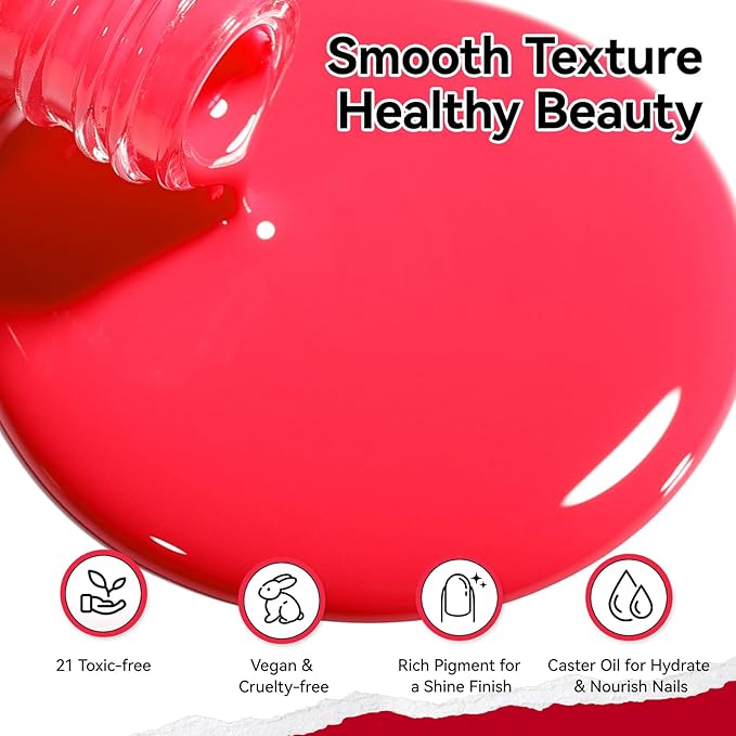 Nail Polish Red Pink Fast Dry Classic Regular Nail Polish, 15-Toxic Free Vegan Enrich with Castor Oil, Salon Quality, Streak-free, Home DIY Salon Travel Manicure Gift for Girls Women