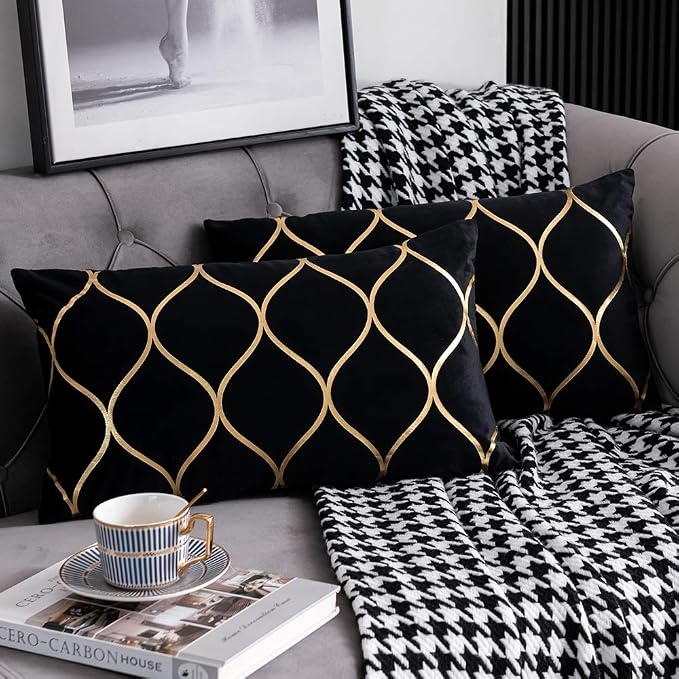 12x20 Inch Gold Velvet Throw Pillow Covers: 2 Pack Rectangular Decorative Pillow Cases for Bedroom Sofa Couch Living Room, Black