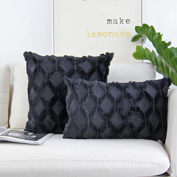 Pack of 2 Bundle Throw Pillow Wide Variety of Colors Size 18"x18", 12"x20" Options with Inserts (Black)