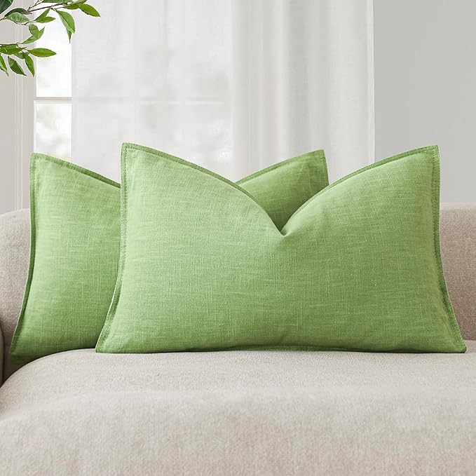 Foindtower Pack of 2, Decorative Linen Solid Throw Pillow Covers Soft Accent Lumbar Cushion Case Boho Farmhouse Pillowcase for Chair Couch Sofa Bedroom Living Room Home Decor 12 x 20 Inch Lime Green