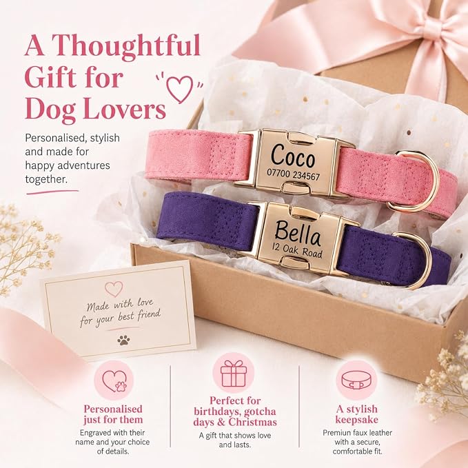 Engraved Buckle Dog Collar, Personalized PU Leather Collar with Name and Phone Number, Soft Breathable Lined Adjustable Pet ID Collar for Puppies Small Medium Large Dogs, Custom Dog Collar