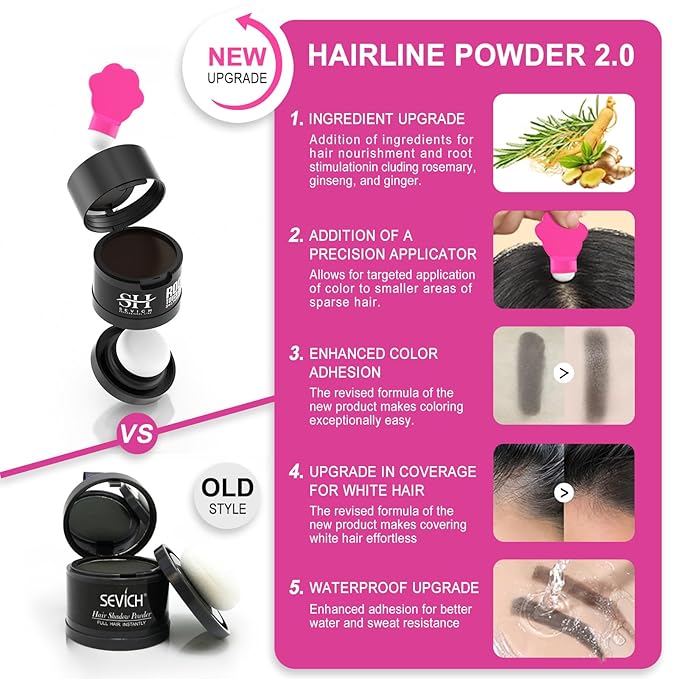 Sevich Hairline Powder 2.0，Instantly Conceals Hair Loss, Root Touch up Powder, Hair Shadow Toppers for Women & Men Thinning Gray Hair, Windproof & Sweatproof, 48H Makeup Lasting, Black