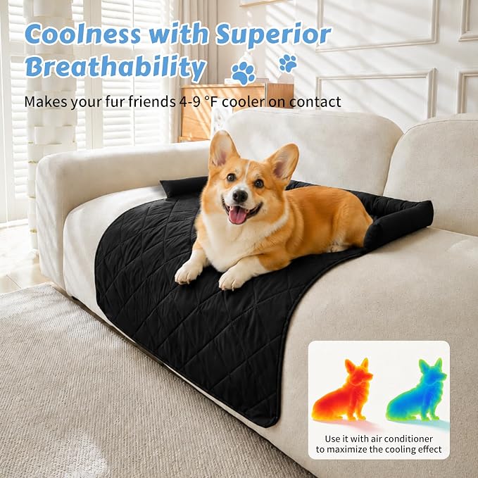 Cooling Dog Bed Mats with Neck & Head Support, 35.43 x31.5 inch Black | for Small and Medium Dogs & Cats, Non-Slip, Machine Washable, Protects Sofa from Fur & Scratches