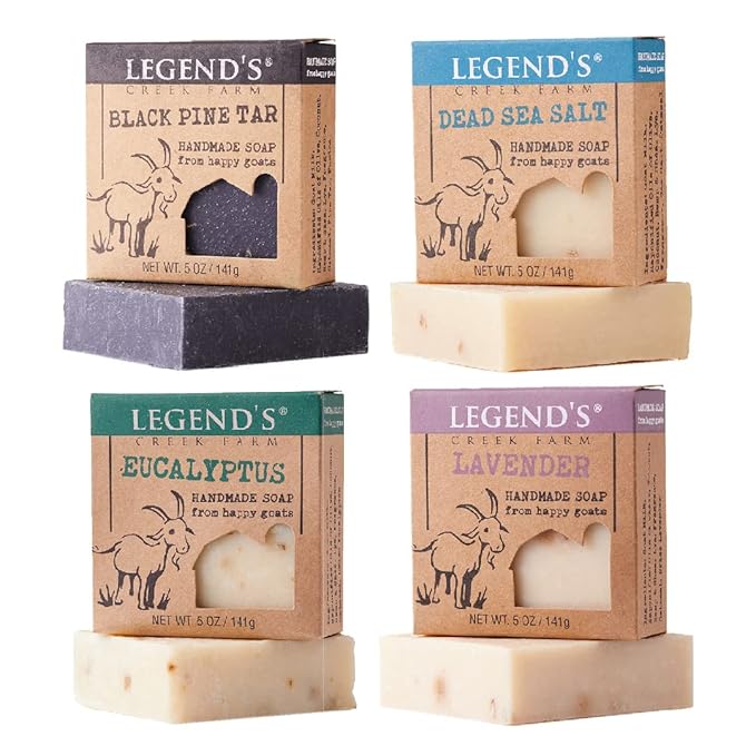Legend's Creek Farm Goat Milk Soap - Cleansing Moisturizing Bar for Hands and Body - 5 Oz Natural Soap for Sensitive Skin, Handmade in USA (4-Pack: Dead Sea, Eucalyptus, Lavender, Pine Tar)