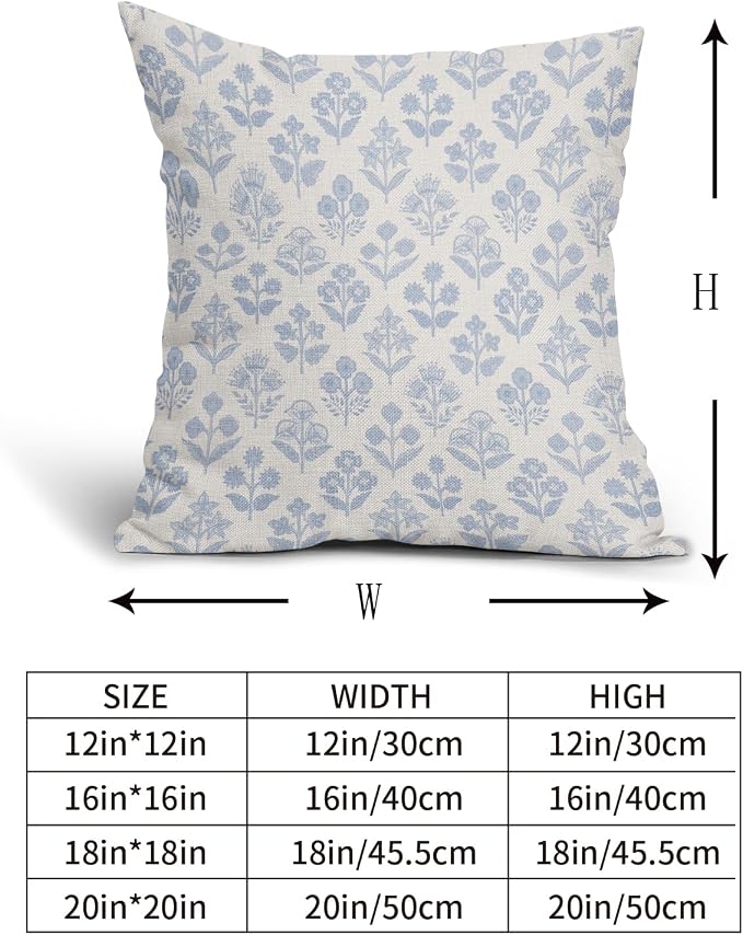 Baby Blue Floral Pillow Covers 24x24 Inch Set of 2, Vintage Flower Block Print Pattern Decorative Throw Pillowcases Outdoor Farmhouse Cushion Covers Spring Summer Rustic Sofa Couch Bed Decor