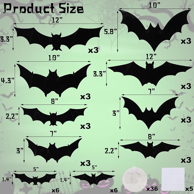 DR.DUDU 36 Pack Bats Halloween Decorations Indoor Bat Wall Decor | Light Up Green LED, Assorted Size, 3D Bat Stickers, for Bedroom Party Walls Bathroom Mirrors Garages Door, Indoor/Outdoor Use