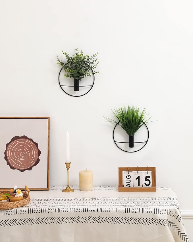Pretty Jolly Boho Pampas Wall Decor Black Metal Wall-Mounted Art | Morden Artificial Greenery Display，2 Pack Eucalyptus Hanging Planter For Living Room, Bedroom, Bathroom, Dining room