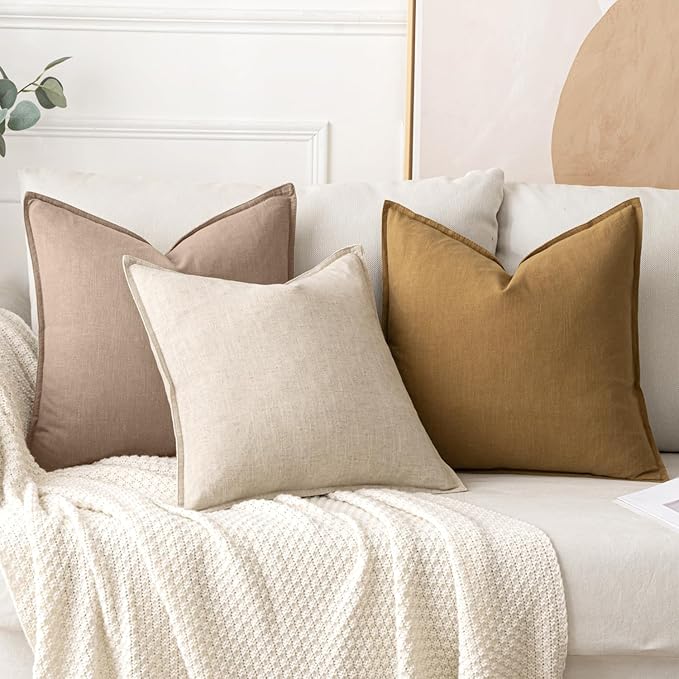 MIULEE Decorative Linen Euro Sham Pillow Covers 24x24 Camel | Boho Farmhouse Neutral Couch Throw Pillows for Bed, Pack of 2 Accent Modern Pillowcases, Sofa Livingroom Home Decor