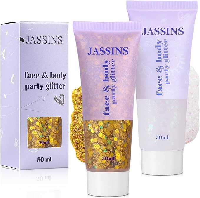JASSINS 2PCS Body Glitter, 100ml Gold and White Face Glitter for Women Girls Kids, Glitter Gel Makeup Tween Gifts, Singer Concerts Festival Rave Accessories, Chunky Mermaid Sequins Glitter