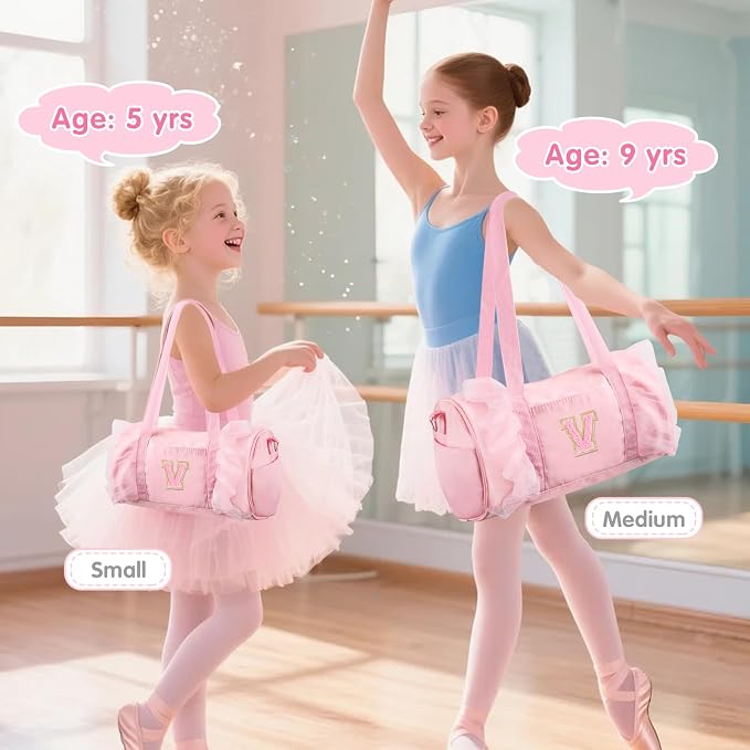 Personalized Initial Dance Bag for Girls 4-6, Small Lace Gym Sport Yoga Cheer Dance Bags Gift for Teen Girls, Cute Letter Kids Ballet Bag Toddler Travel Duffel Tote with Adjustable Straps(Pink-V)