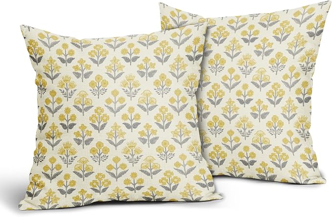Yellow Grey Gray Floral Pillow Covers 22x22 Inch Set of 2, Vintage Flower Block Print Pattern Decorative Throw Pillowcases Outdoor Farmhouse Cushion Covers Spring Summer Rustic Sofa Couch Bed Decor