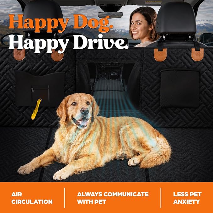 Dog Back Seat Extender - Premium Hard Bottom with Thick Foam, Waterproof Heavy Duty Pet Hammock for Cars, Trucks & SUVs. No-Sag Bridge, Mesh Window & Bonus Accessories (Black)