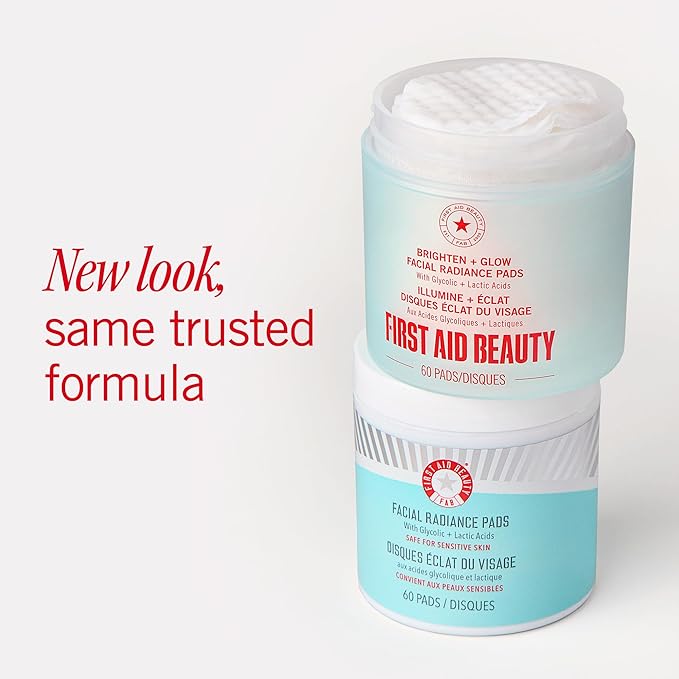 First Aid Beauty - Facial Radiance Pads with Glycolic & Lactic Acids, Daily Exfoliating Pads with AHA, Visibly Smaller Pores, Help Tone & Brighten Skin, One-Step Makeup Prep, Compostable, 90ct