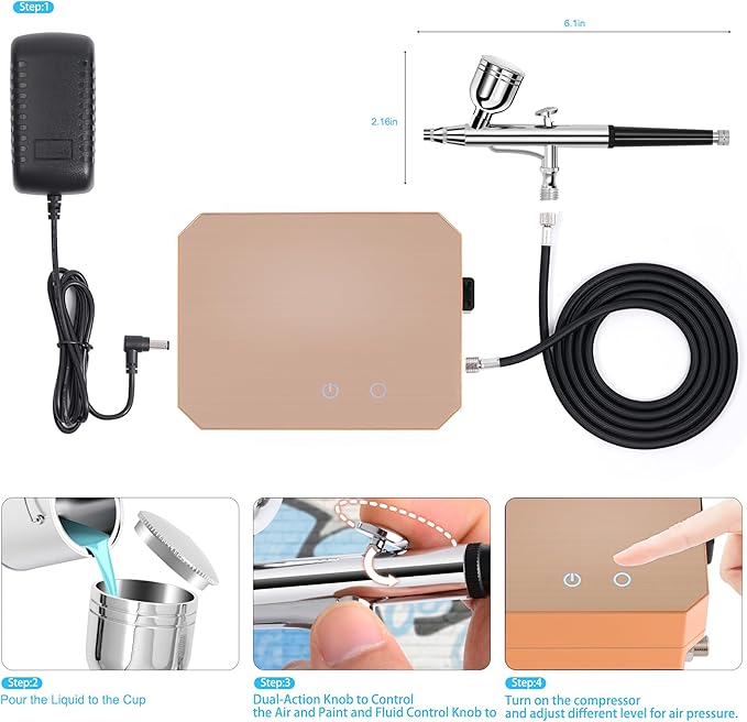 Gocheer Airbrush Kit with Air Compressor, 40 48 PSI High Pressure Air Brush Non-Clogging with 0.2/0.3/0.5mm Nozzle/Cleaning Sets, Ideal for Painting, Modeling, Cake Decor, Makeup (Gold, 40 PSI)