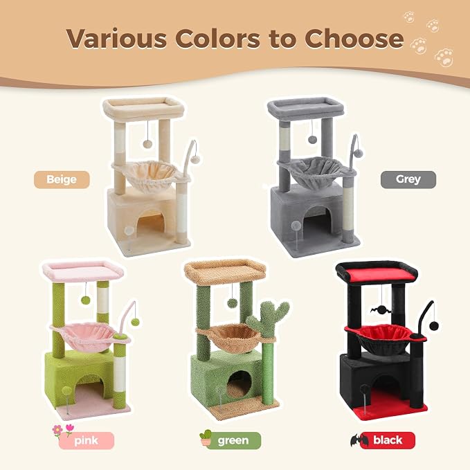 PEQULTI 4-in-1 Cat Activity Tree for Kittens & Small Cats, 33in Grey Tower | Compact 33in cat tower: deep hammock, cozy condo, top perch, sisal post; removable washable cover; wide base for small cats
