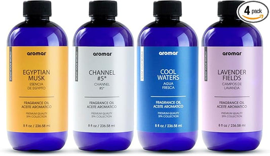 AROMAR Premium Fragrance Oil, Long-Lasting, Refreshing Uplifting Aroma for Aromatherapy, Relaxation & Household Uses. Assorted Scents 8oz (Egyptian Musk, Channel #5, Cool Waters, Lavender Fields)