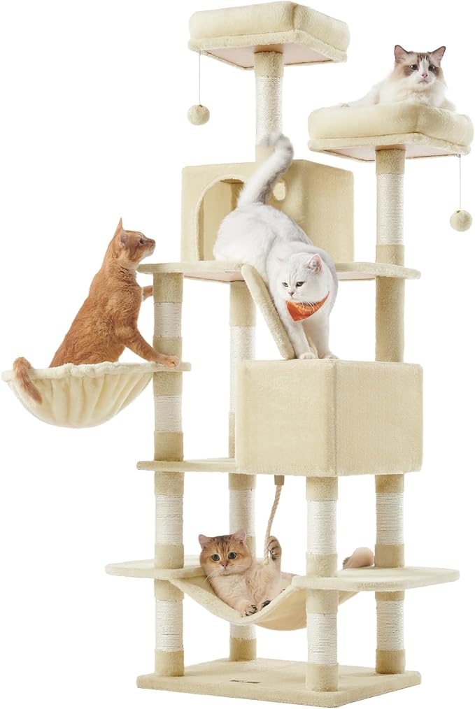 Feandrea Cat Tree, 66.1-Inch Large Cat Tower, Multi-Level Plush Condo with 13 Scratching Posts, 2 Perches, 2 Caves, Basket, Hammock, Pompoms, Beige UPCT165M01