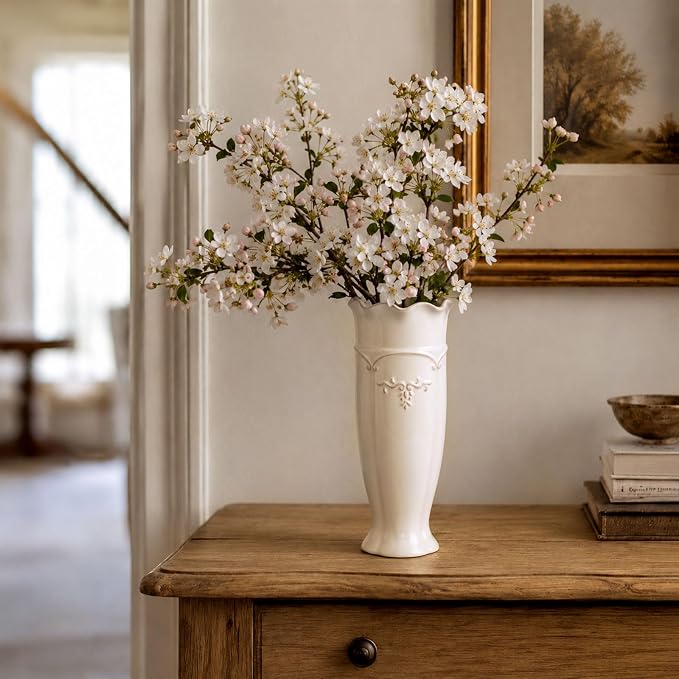 hjn White Ceramic Vase- French Flower Vase for Decor Tall Vintage Vases for Flowers/Home Decoration/Kitchen/Table/Living Room/Shelf/Mantel/Office-Height-11.6"