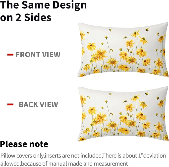 Spring Summer Throw Pillow Covers 12X20 in Set of 2 Yellow Flowers Coreopsis Bee Decorative Lumbar Pillow Cases Bees Floral Rectangle Pillow Cover Farmhouse Decor for Outdoor Room Couch Patio Porch