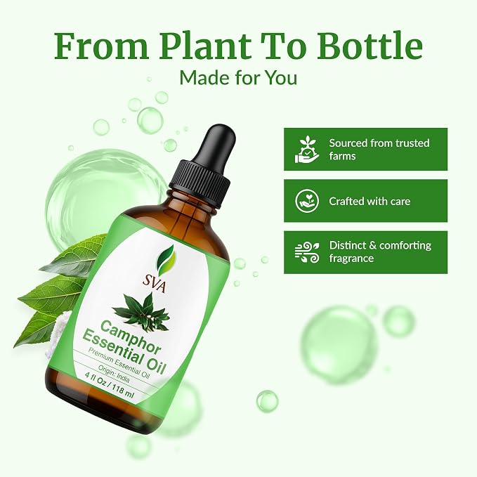 SVA Camphor Essential Oil 4 Fl Oz – for Diffuser, Skin & Hair Care – Ideal for Massage & DIY Blends – with Dropper