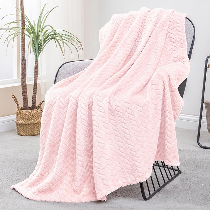 Exclusivo Mezcla Fleece Throw Blanket for Couch Sofa, 50”x70”, Light Pink | Oversized Soft Cozy Fluffy Blankets for Summer, Decorative Plush Flannel Throws for Living room, Bedroom with Leaves Pattern
