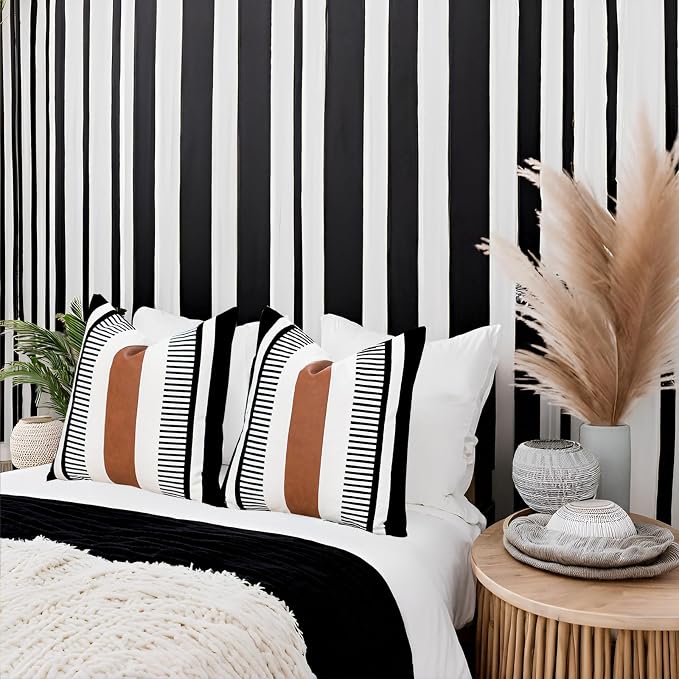 Farmhouse Stripe Euro Pillow Cover 26x26 Large Accent Cushion Cover Black and White Faux Leather Decorative Pillowcase for Sofa Couch Chair Bedroom Modern Decor,Black