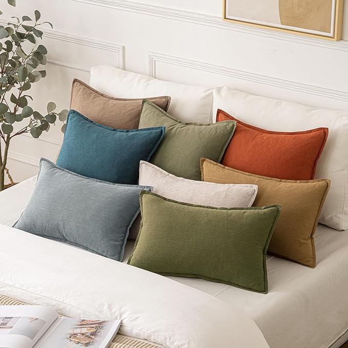MIULEE Decorative Linen Pillow Covers 20x20 Inch Green | Boho Farmhouse Neutral Couch Throw Pillows for Bed, Pack of 2 Accent Modern Pillowcases, Sofa Livingroom Home Decor
