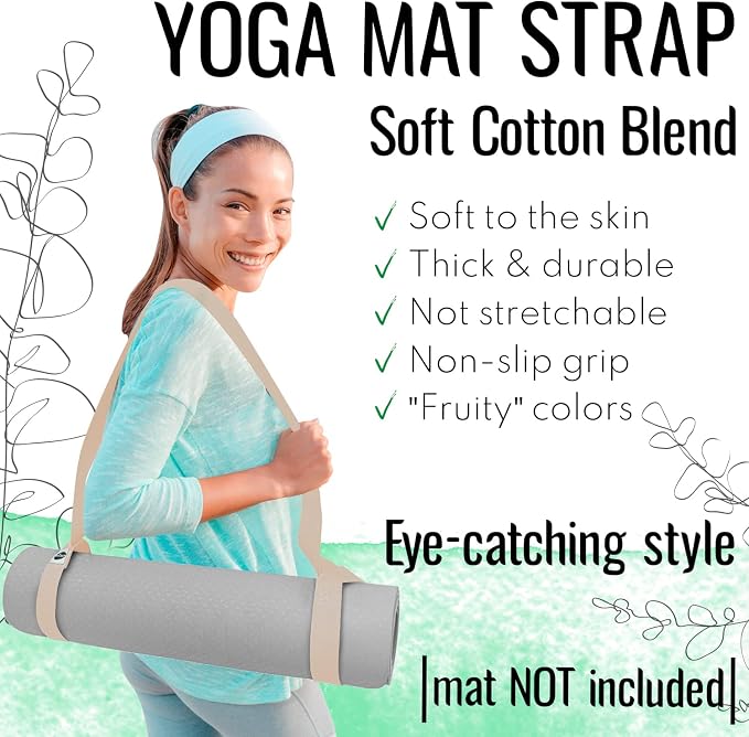 TECEUM Yoga Mat Strap – Extra Soft & Thick Cotton Carrier for All Mats | Adjustable Skin-friendly & Non-Slip Mat Holder Sling in 30+ Colors [Mat Not Included]