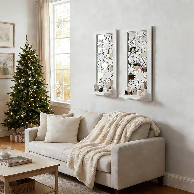 ZEXUIRU 2 Set Rustic Candle Sconces Living Room Bedroom Entryway Wood Mirrored, Farmhouse, Carved Frame Wall-Mount Wooden Candle Holders Wall Decor Hanging Handmade Holder - Distressed White
