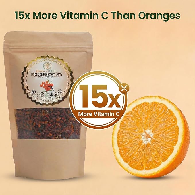 Cure Wid Pure | Organic Whole Dried Seabuckthorn Berries 4oz | Sea Buckthorn Berry From Himalaya | Espino Amarillo | High In Vitamin C,E & Omega 7 | Supports Skin, Immunity, Digestion, & Heart Health