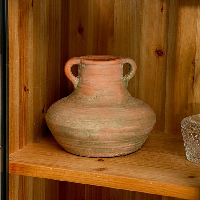 Sungmor Rustic Ceramic Flower Vase with Handles, 7 Inch Short Wide Body | Terracotta Plant Pots, Cement Textured Vases Home Decor, Indoor Fresh Flowers Planter, Dried Flower Arrangements