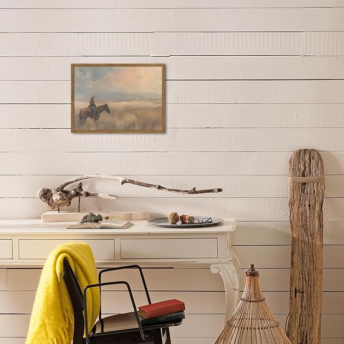 Vintage Western Cowboy Wall Art Cowboy on Horse Wall Decor Paintings, Southwestern Landscape Poster Canvas Prints for Bedroom Farmhouse Living Room 16x24 inch Wood Framed