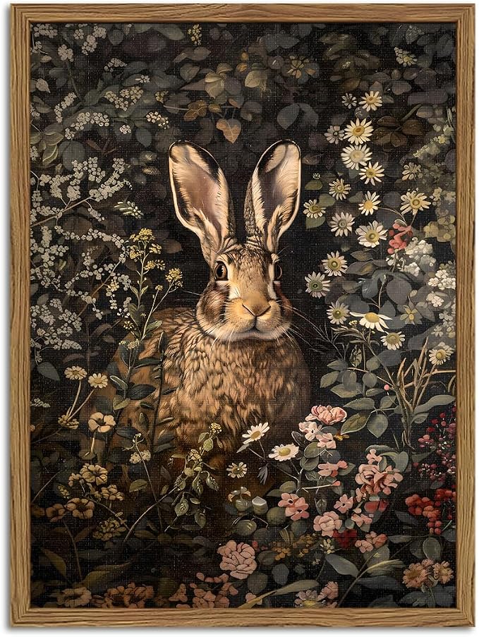 Dark Easter Rabbit Wall Art Vintage Cottagecore Bunny Wall Decor Painting Cute Easter Animal and Flower Poster Canvas Print Pictures for Bedroom Living Room Farmhouse 12x16 inch Wood Framed