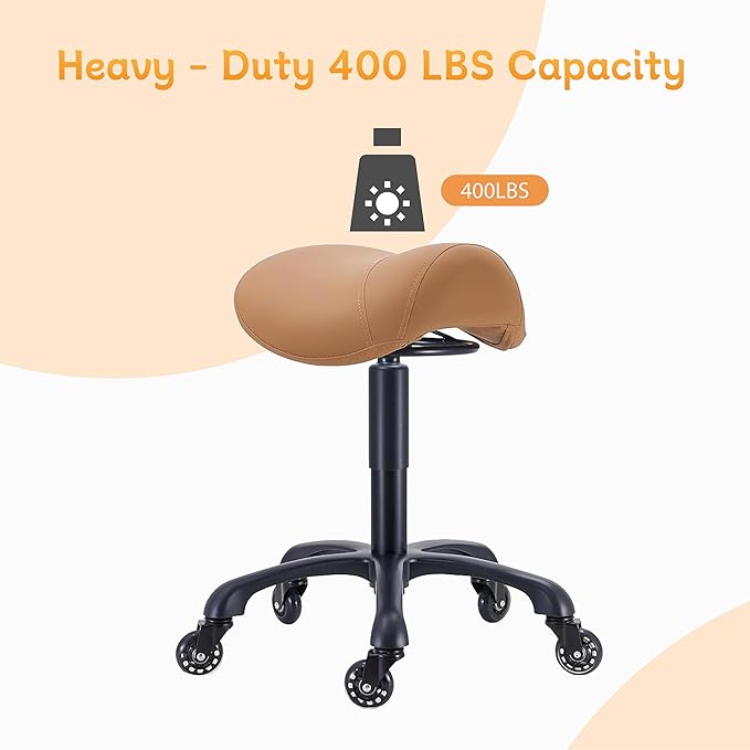 Saddle Salon Stool with Wheels,Heavy Duty Adjustable Rolling Stool for Barber, Tattoo, Nail,Spa,Dentist(Brown)