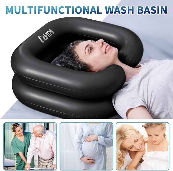 Inflatable Shampoo Basin - Portable Shampoo Bowl, Hair Washing Basin for Bedridden, Disabled,Injured, Hair Wash Tub for Dreadlocks and at Home Sink Washing (Black)