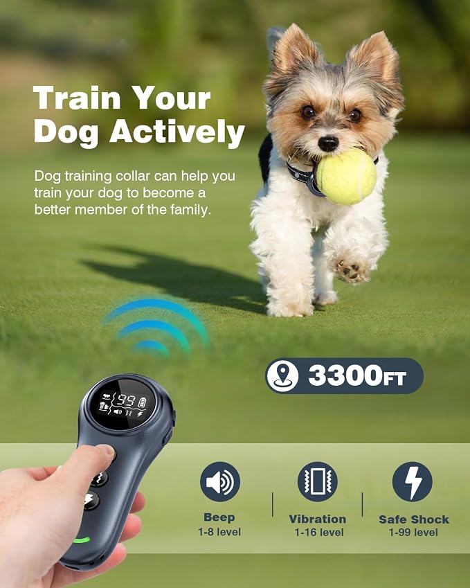 2-in-1 Dog Shock Collar & Dog Bark Collar - Smart Anti Barking Dog Training Collar with 5 Adjustable Sensitivity & 3300FT Remote for All Breeds IP67 Waterproof E-Collar