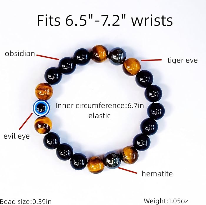Evil Eye with Hematite Black Obsidian Tiger Eye Stone Triple Protection Bracelets for Men Women, Crystal Healing Stone Bracelet Bring Luck Prosperity and Happiness Jewelry