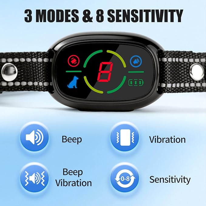 Dog Bark Collar, Smart Anti Barking Device, Dog Training Collar for Large Medium Small Dogs, Bark Collar with 3 Beep & Vibration Modes, 8 Sensitivity Levels (Black)