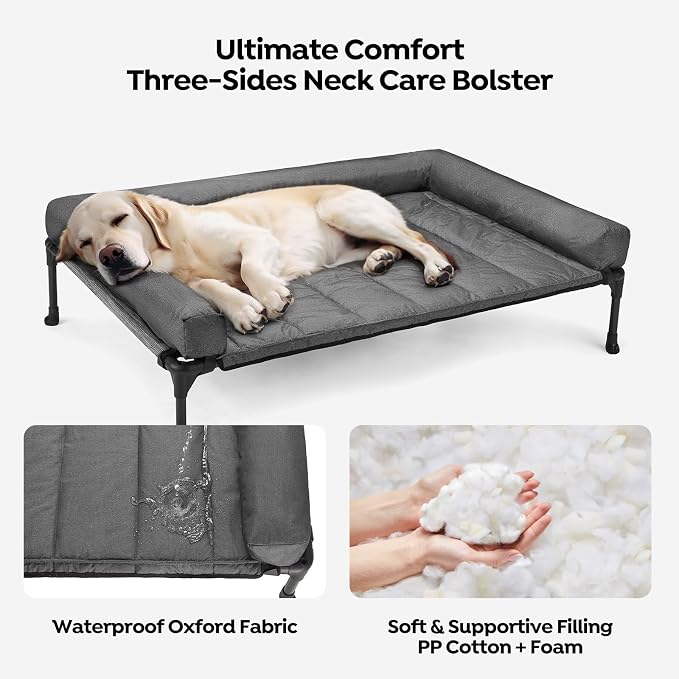 Veehoo Outdoor Elevated Dog Bed with Waterproof Bolster Cushion, Cooling | Raised Dog Bed with Removable & Washable Mat Topper, Breathable Mesh, Dog Couch Cot for Indoor Outdoor, 42", Large, Melange