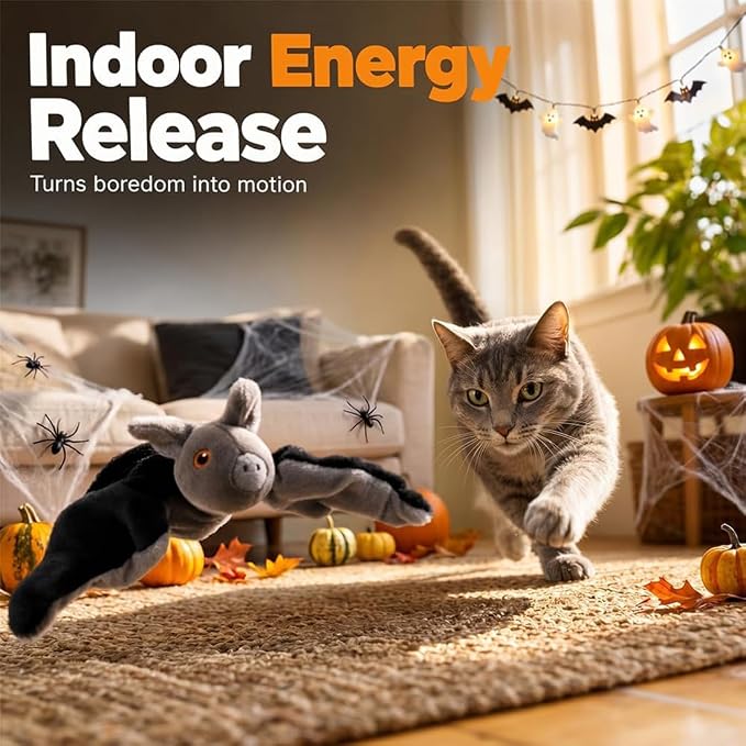 Flying Bat Dog Toy, Flapping Wings Interactive Chirping Pet Teaser, Remote Control Rechargeable Halloween Bat Toy with Catnip Filling, Electric Simulation Flying Motion Toy for Cats Dogs，1pc