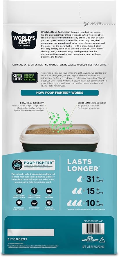 World's Best Cat Litter, Poop Fighter, Urine & Poop Odor Defense, 8 lb Bag