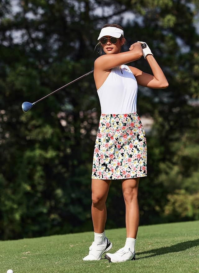 PINSPARK 19" Knee Length Skorts for Woman with Pockets UPF 50+ Golf Skirts | 4 Pockets, Built-in Shorts, High Waisted & Tummy Control, Moisture-wicking for Golf Athletic Tennis Workout Casual