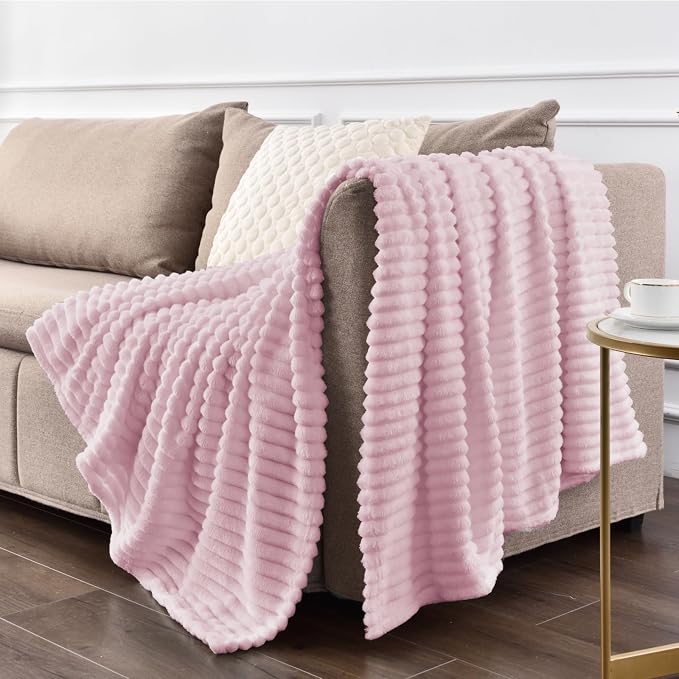 BEDELITE 3D Ribbed Cherry Blossom Fleece Twin Blanket for Bed, 60x80 Inch | Soft Warm Decorative Fluffy Blanket, Cozy Plush Lightweight Fuzzy Throw Blanket for Couch Sofa Room Decor, Gift for Women